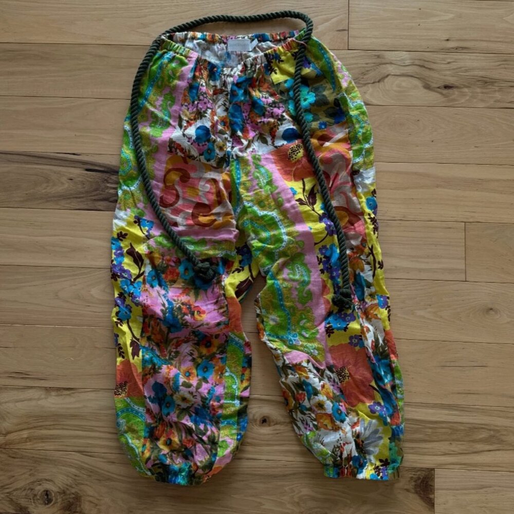 Zimmermann Floral Patchwork Linen Cropped Pant Stretch Belt Trouser Multicolour
